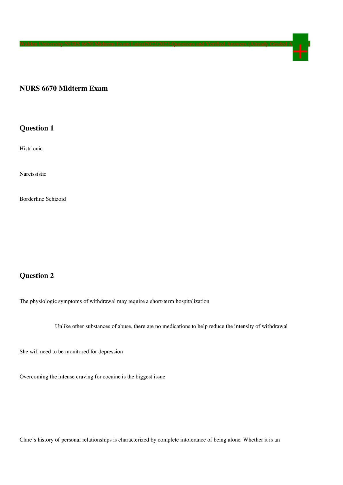 Preview image for Walden University:NURS 6670 Midterm Exam Latest2022/2023-Questions and Verified Answers (Already Graded A+)